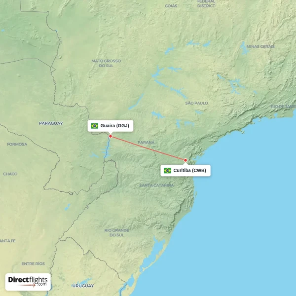 Curitiba - Guaira direct flight map