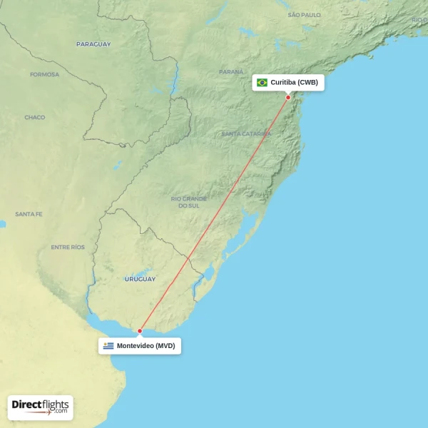 Curitiba - Montevideo direct flight map