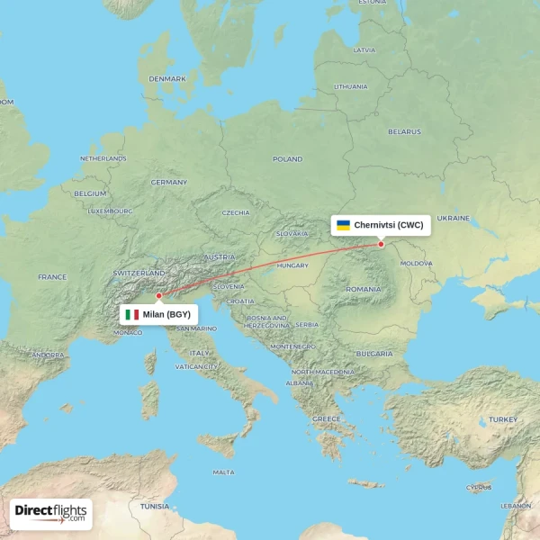 Chernivtsi - Milan direct flight map