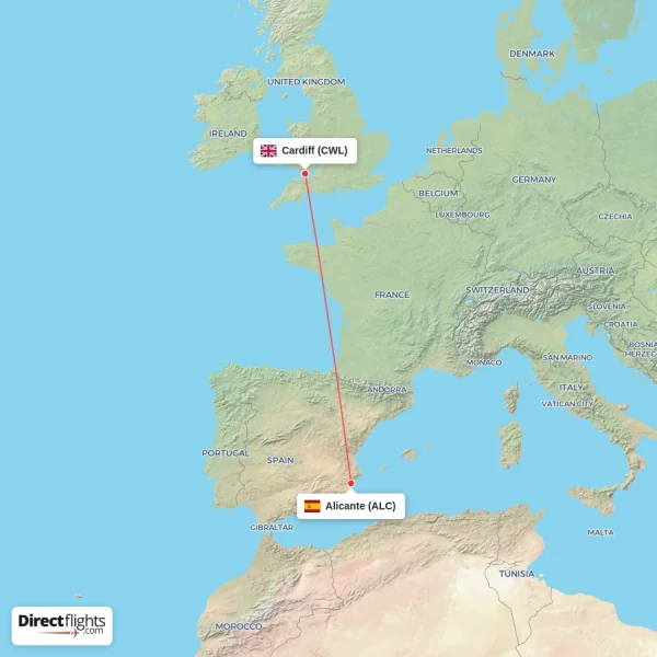 Cardiff - Alicante direct flight map