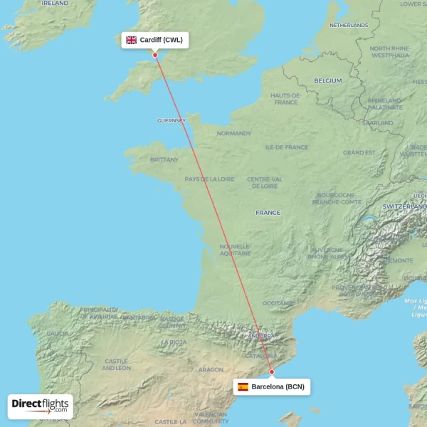 Cardiff - Barcelona direct flight map
