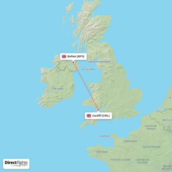 Cardiff - Belfast direct flight map