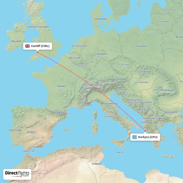 Cardiff - Kerkyra direct flight map