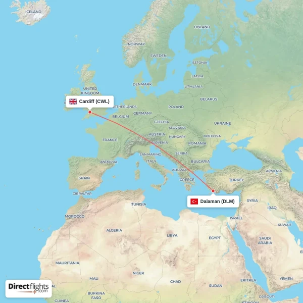 Cardiff - Dalaman direct flight map