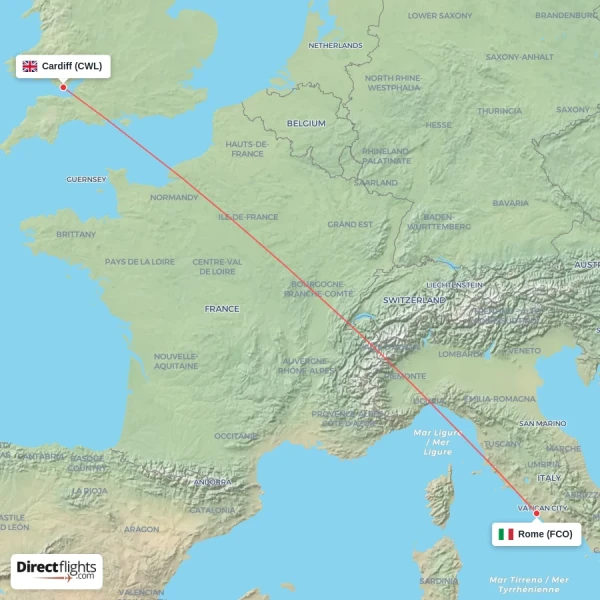 Cardiff - Rome direct flight map