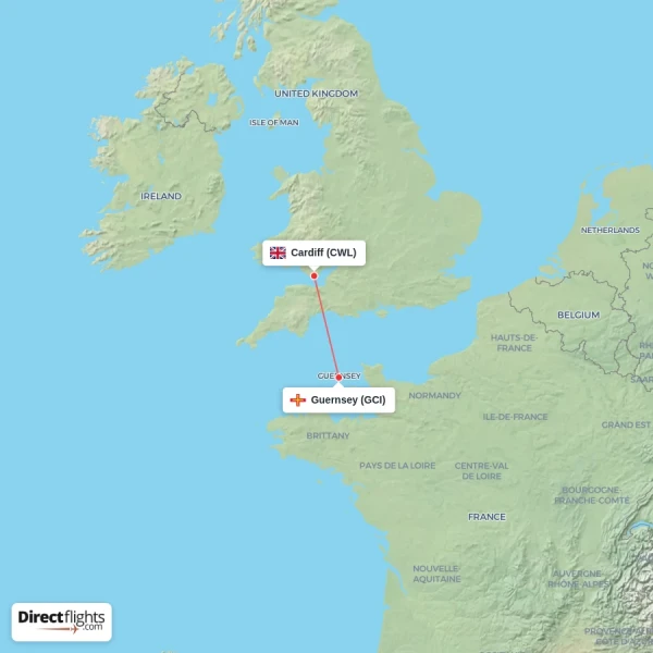 Cardiff - Guernsey direct flight map