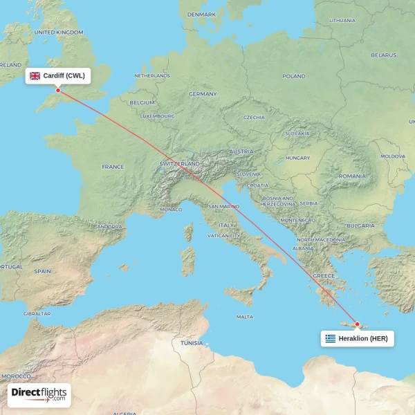Cardiff - Heraklion direct flight map
