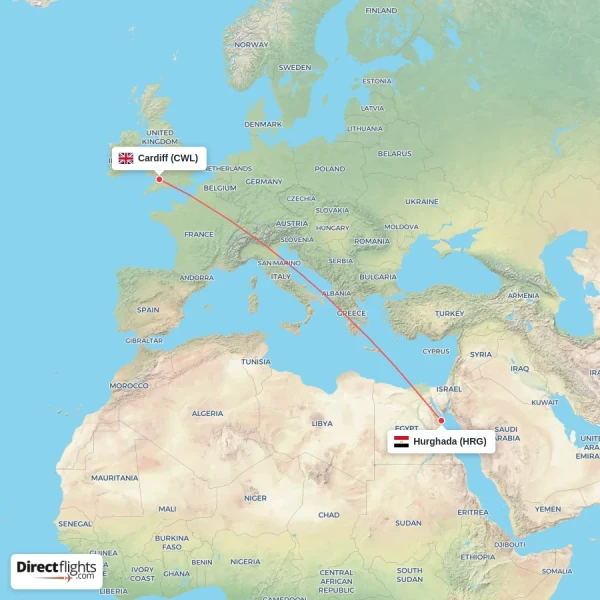 Cardiff - Hurghada direct flight map