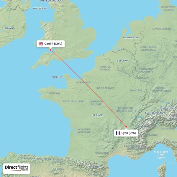 Cardiff - Lyon direct flight map