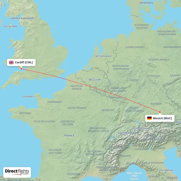 Cardiff - Munich direct flight map