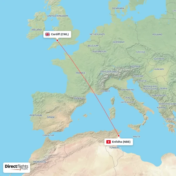 Cardiff - Enfidha direct flight map
