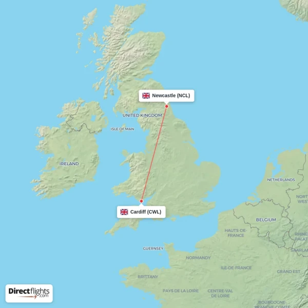Cardiff - Newcastle direct flight map