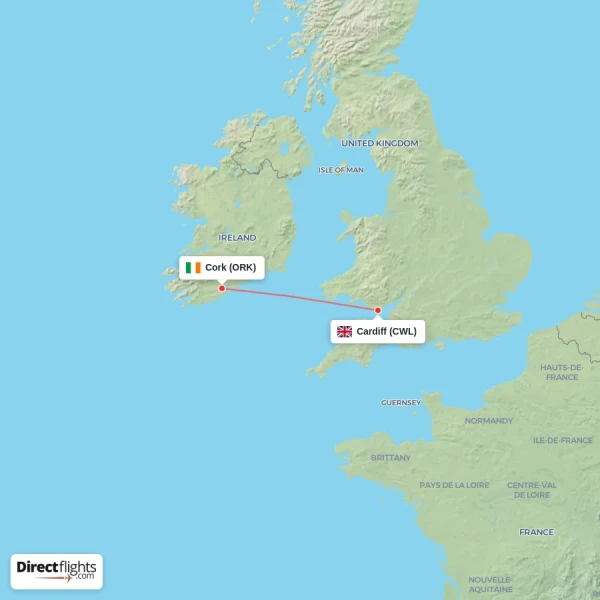Cardiff - Cork direct flight map