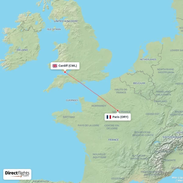 Cardiff - Paris direct flight map