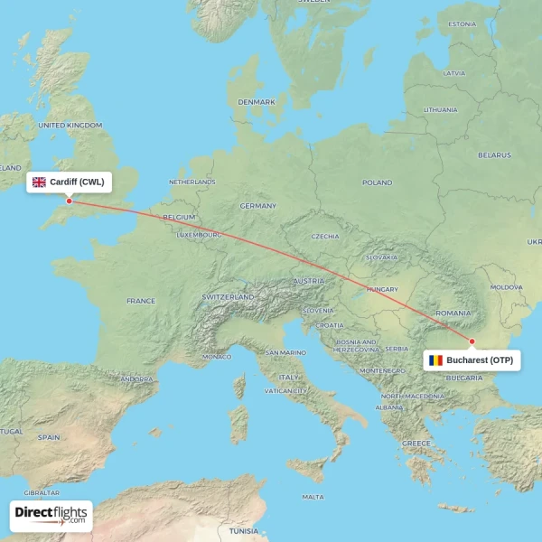 Cardiff - Bucharest direct flight map