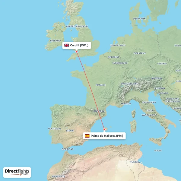 Cardiff - Palma de Mallorca direct flight map