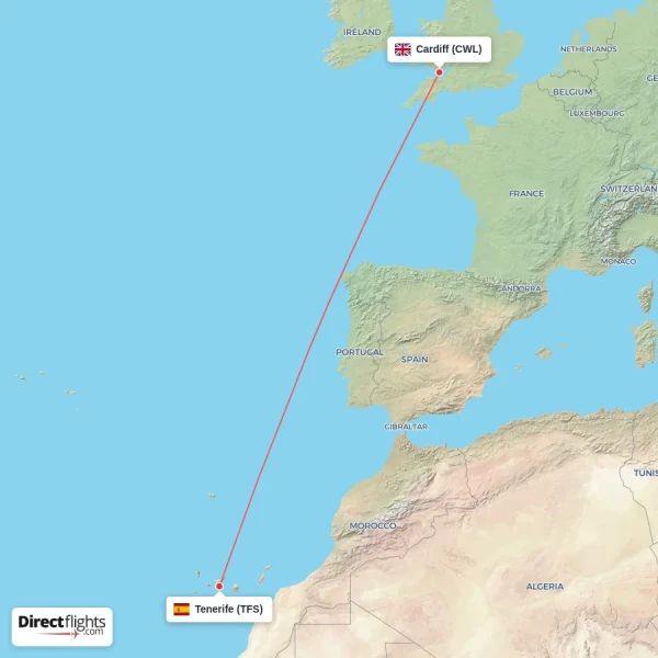 Cardiff - Tenerife direct flight map