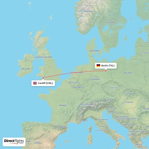 Cardiff - Berlin direct flight map