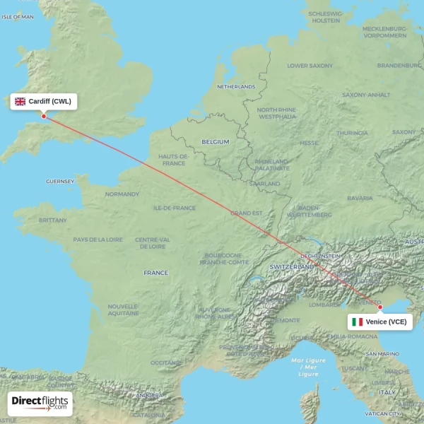 Cardiff - Venice direct flight map