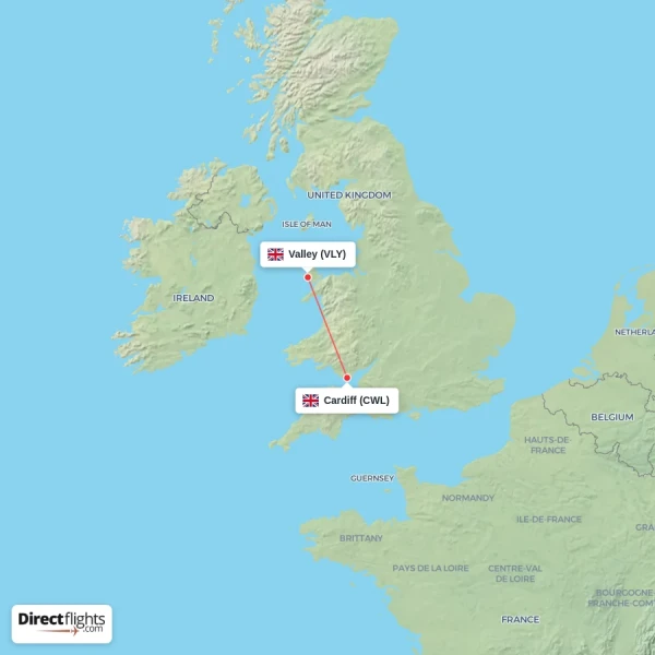 Cardiff - Valley direct flight map