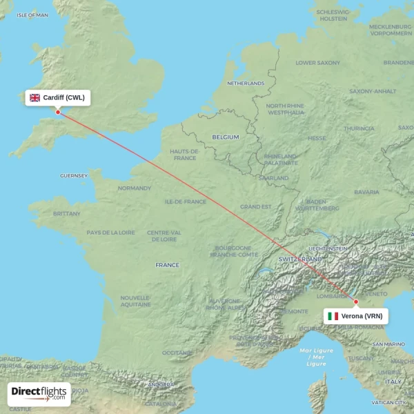 Cardiff - Verona direct flight map