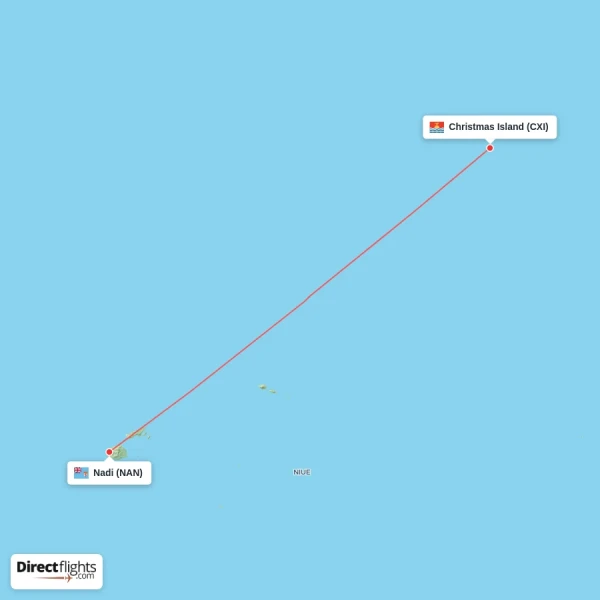Christmas Island - Nadi direct flight map