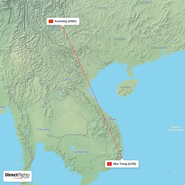 Nha Trang - Kunming direct flight map