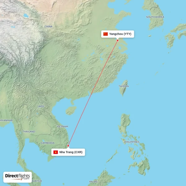 Nha Trang - Yangzhou direct flight map