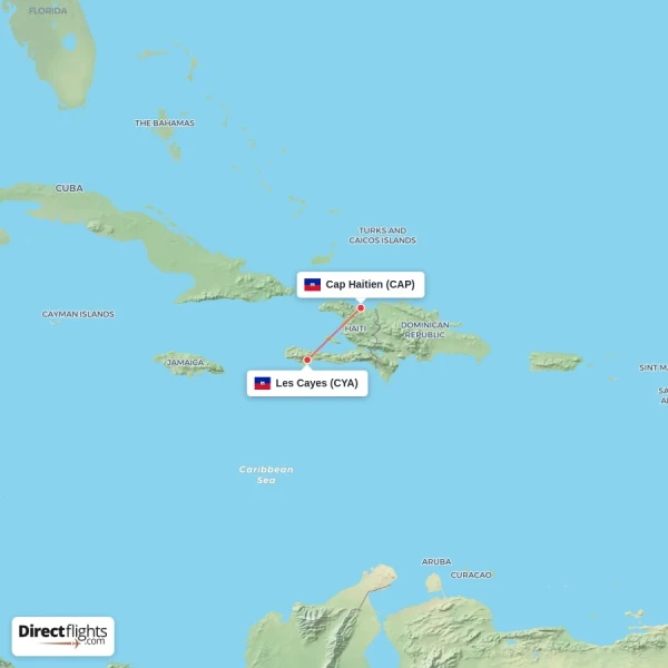 Les Cayes - Cap Haitien direct flight map