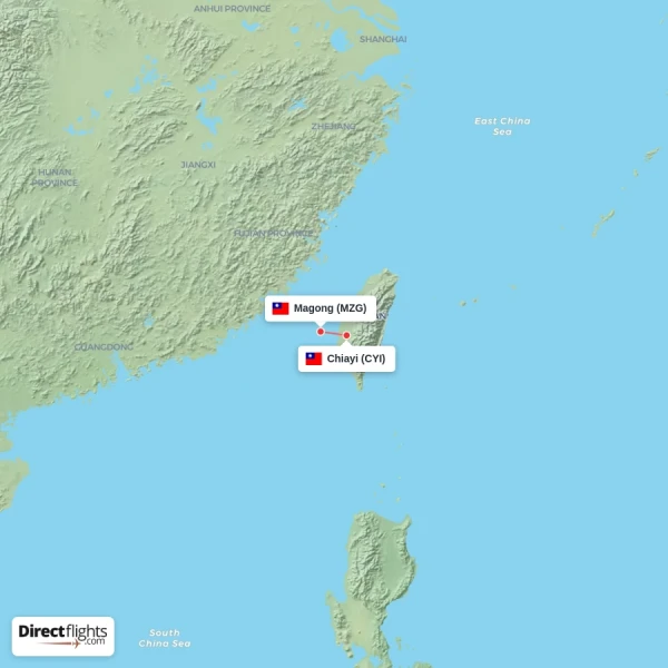 Chiayi - Magong direct flight map