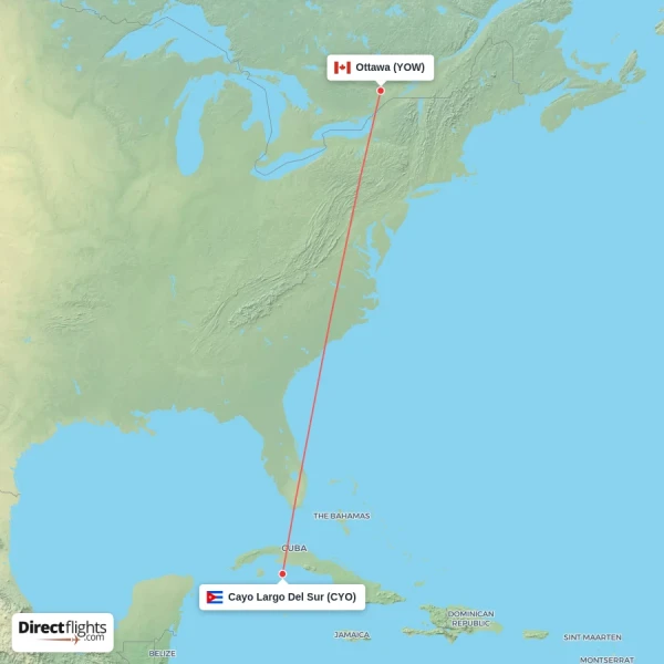 Cayo Largo Del Sur - Ottawa direct flight map