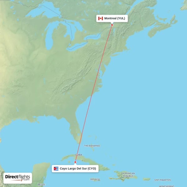 Cayo Largo Del Sur - Montreal direct flight map