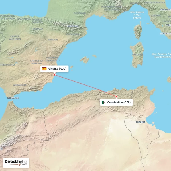 Constantine - Alicante direct flight map