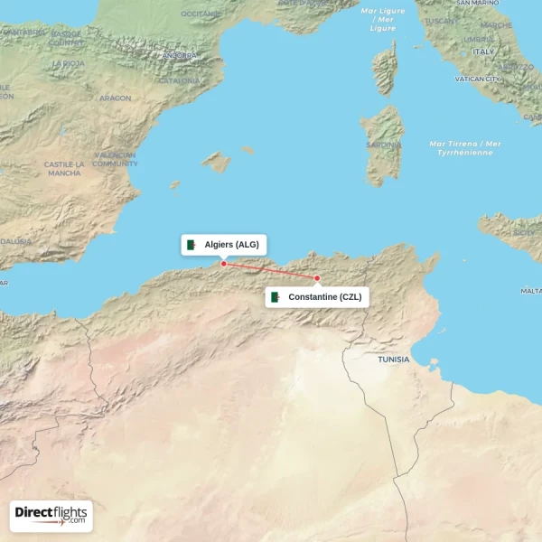 Constantine - Algiers direct flight map