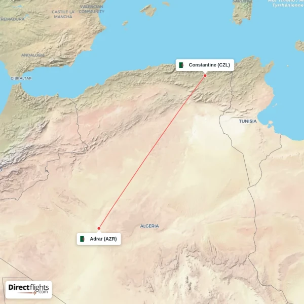 Constantine - Adrar direct flight map