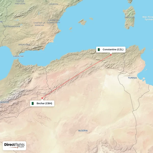 Constantine - Bechar direct flight map