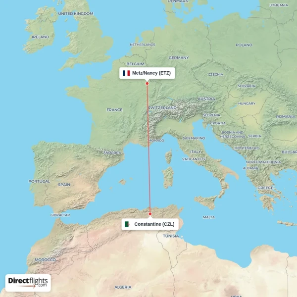 Constantine - Metz/Nancy direct flight map