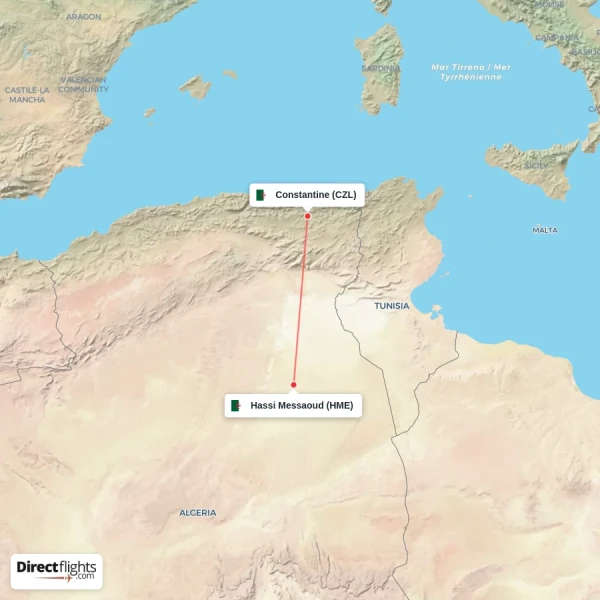 Constantine - Hassi Messaoud direct flight map