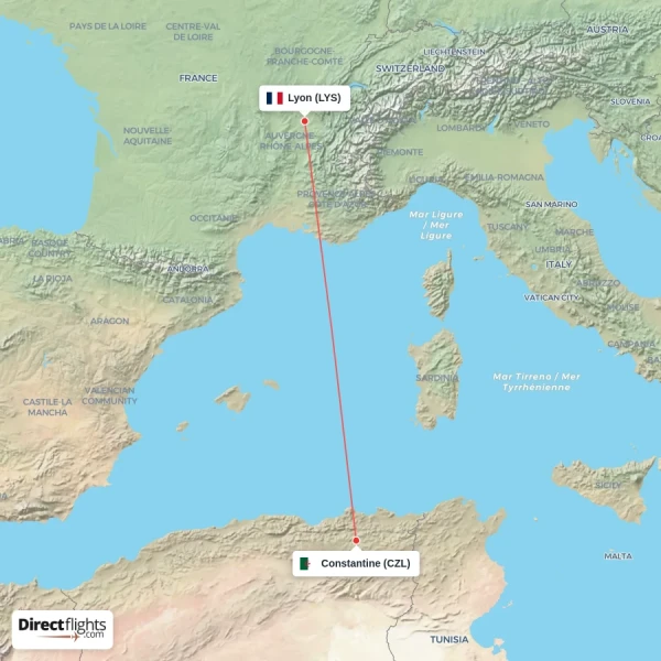 Constantine - Lyon direct flight map