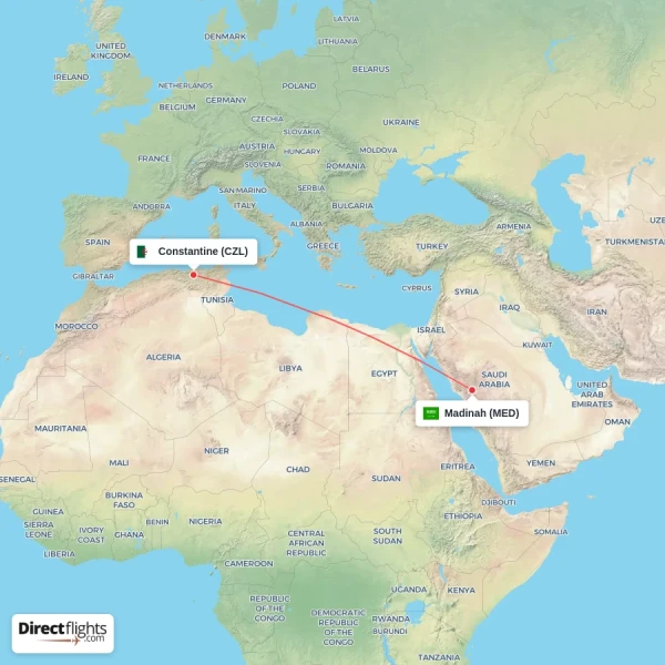 Constantine - Madinah direct flight map