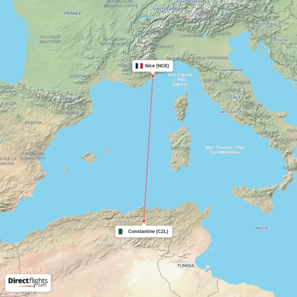 Constantine - Nice direct flight map