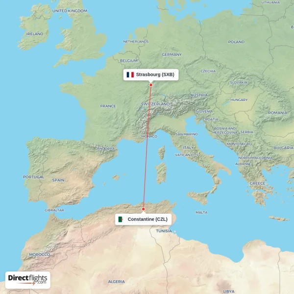 Constantine - Strasbourg direct flight map