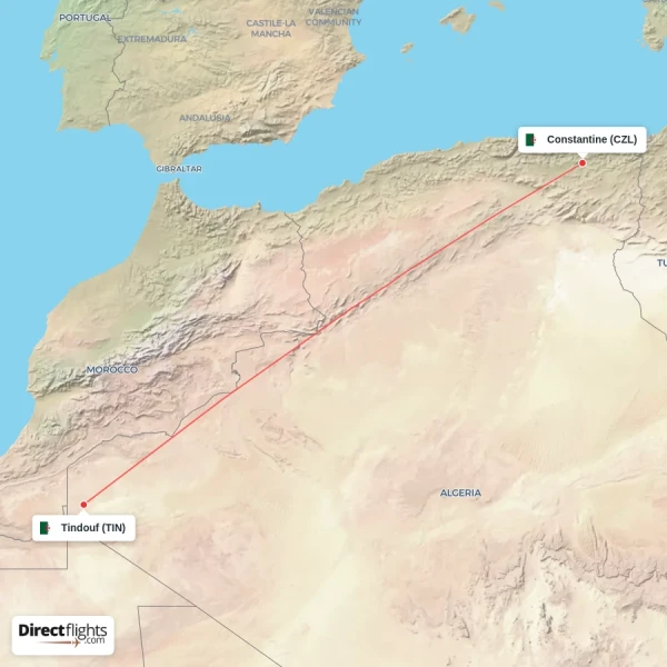 Constantine - Tindouf direct flight map