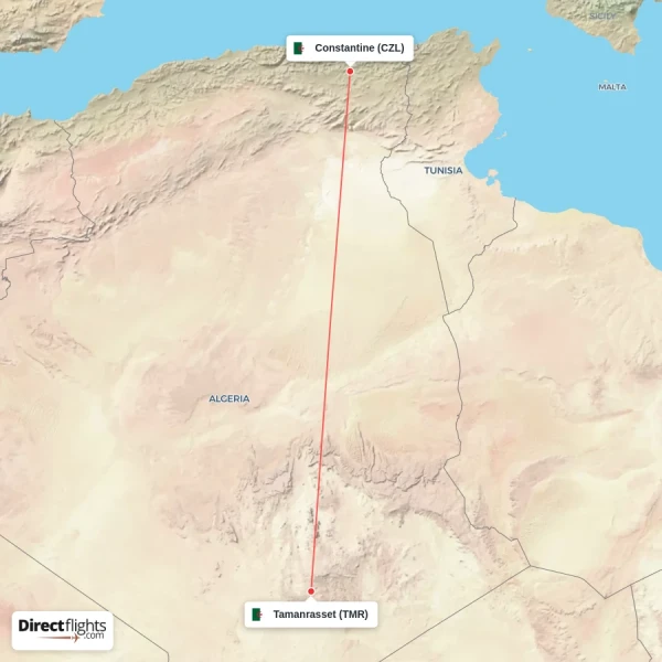 Constantine - Tamanrasset direct flight map