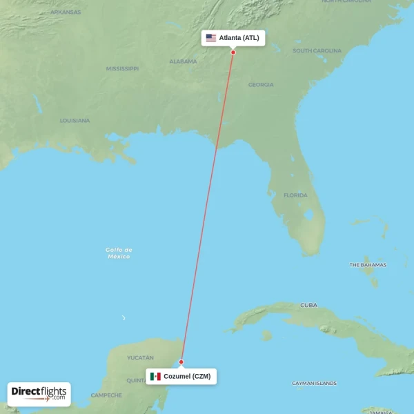 Cozumel - Atlanta direct flight map