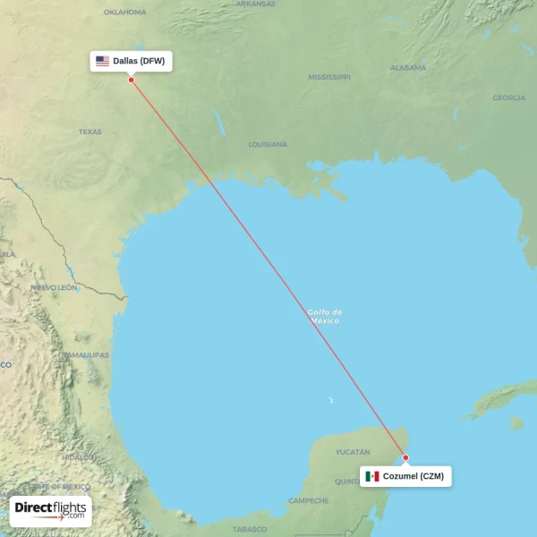 Cozumel - Dallas direct flight map