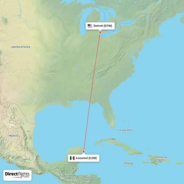 Cozumel - Detroit direct flight map