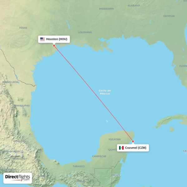 Cozumel - Houston direct flight map