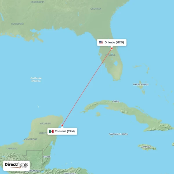 Cozumel - Orlando direct flight map