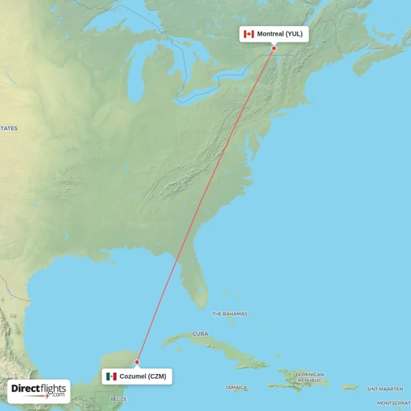 Cozumel - Montreal direct flight map